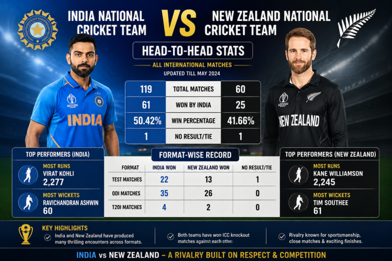 India National Cricket Team Vs New Zealand National Cricket Team Stats: Head-to-Head Record, Match Results & Key Player Statistics